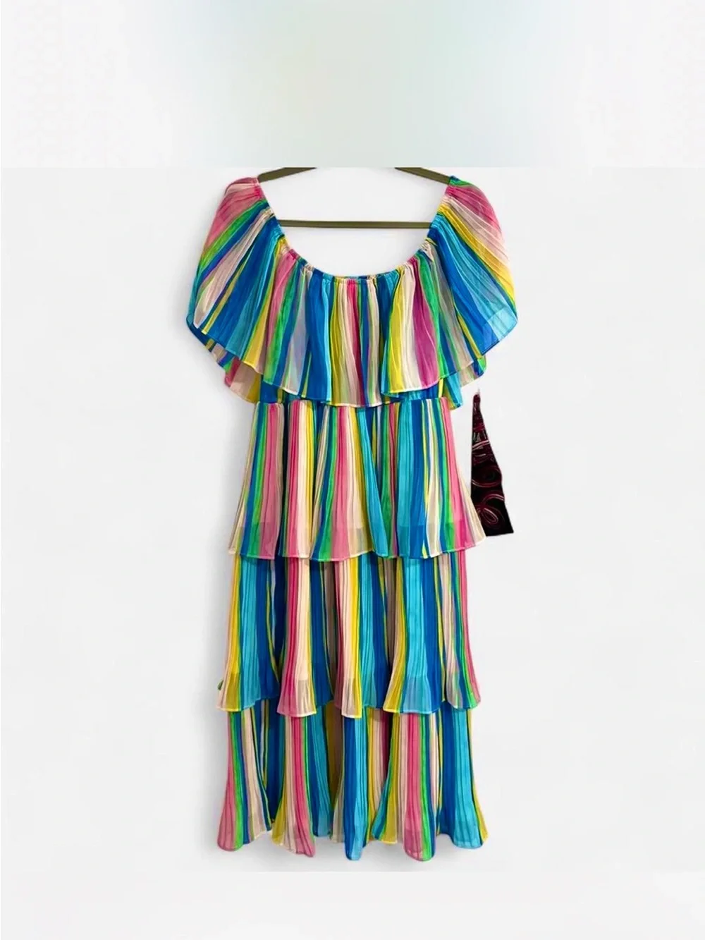 Lulus Gala Ready Multi Stripe Print Off-the-Shoulder Ruffle Midi Dress - Picture 10 of 12